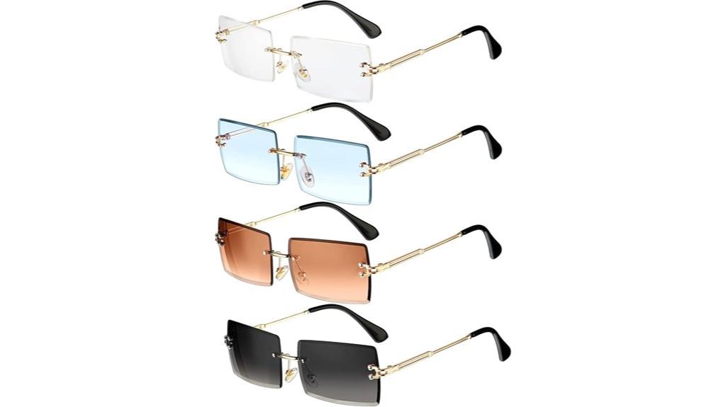 four pairs of rimless sunglasses