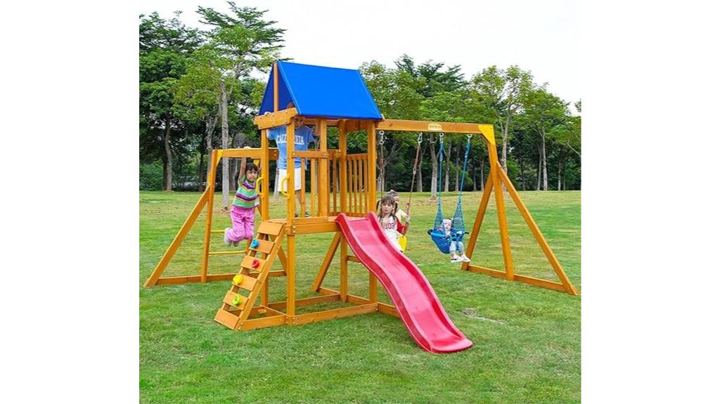 outdoor wooden playset with swings