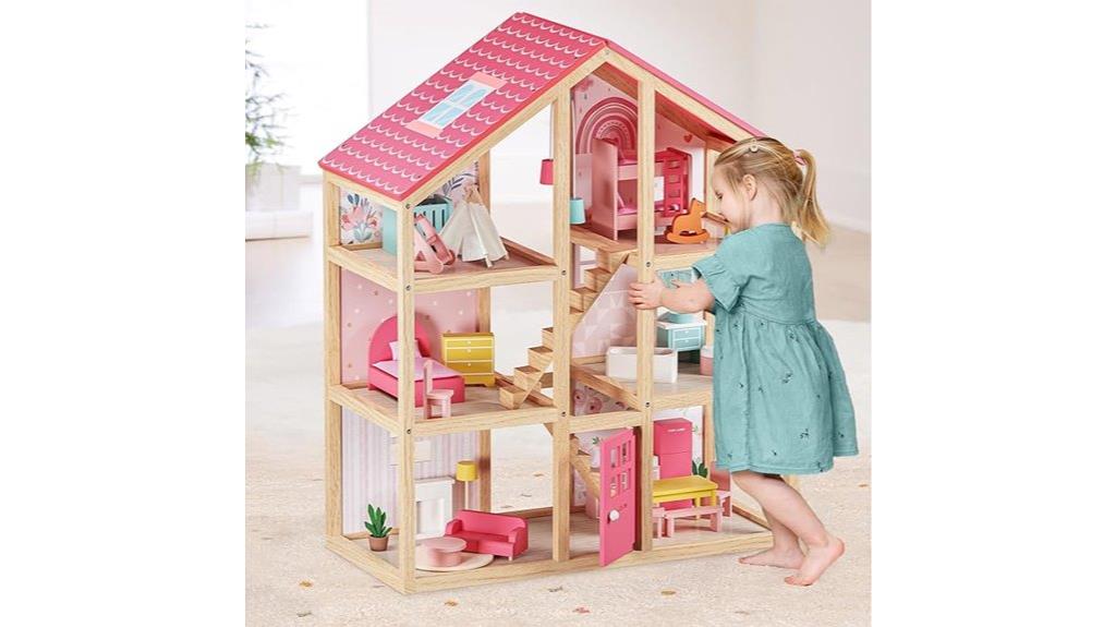 wooden dollhouse with furniture